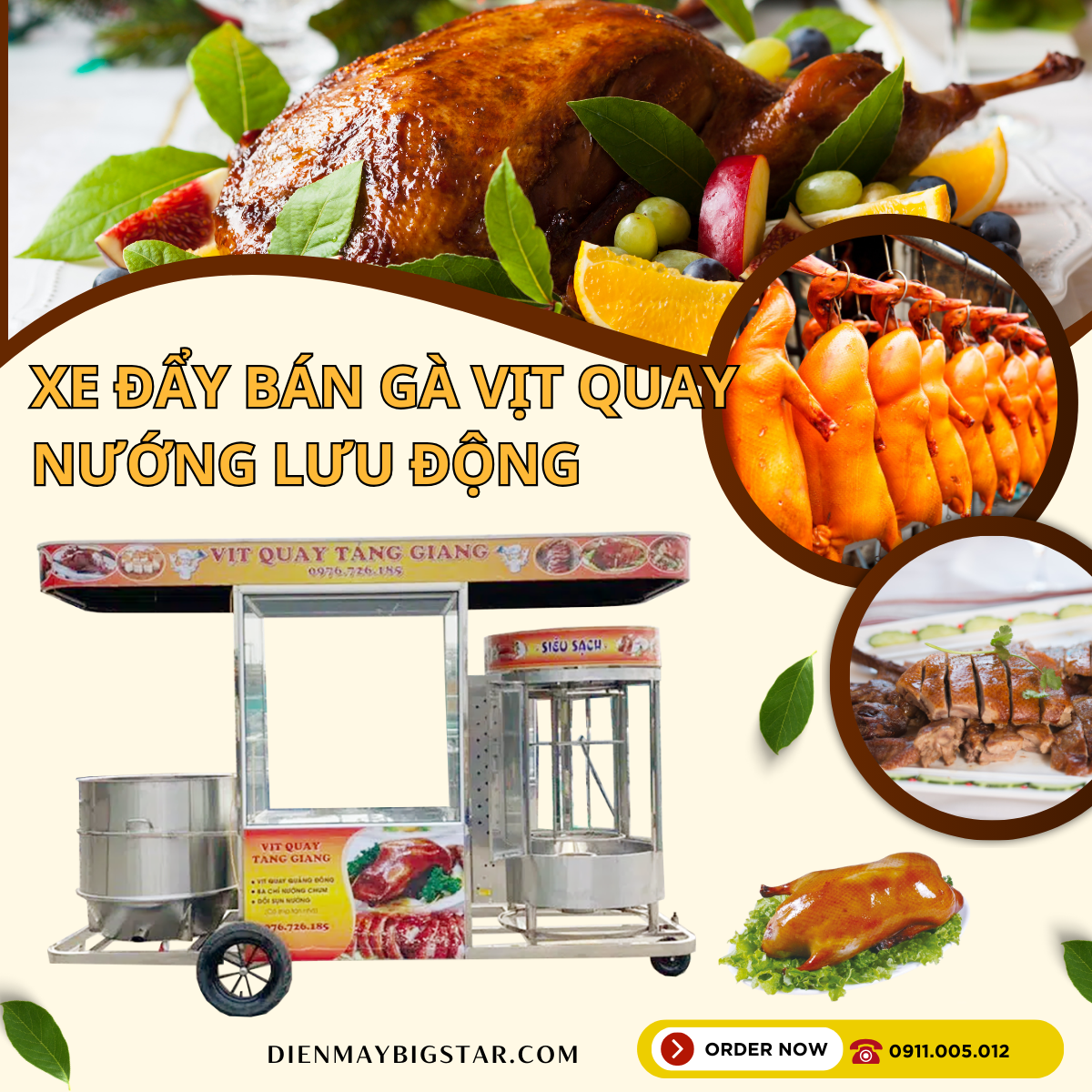 Xe đẩy bán gà vịt quay nướng lưu động