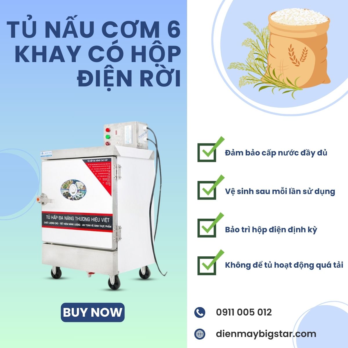 Tủ nấu cơm 6 khay có hộp điện rời