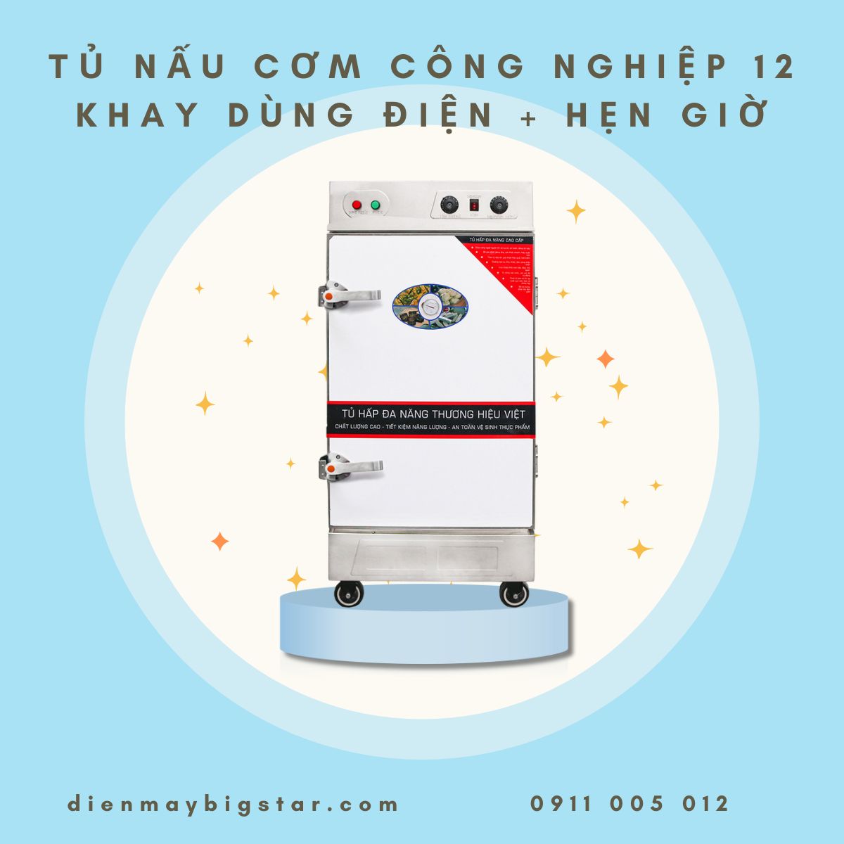 Tủ nấu cơm công nghiệp 12 khay dùng điện + hẹn giờ