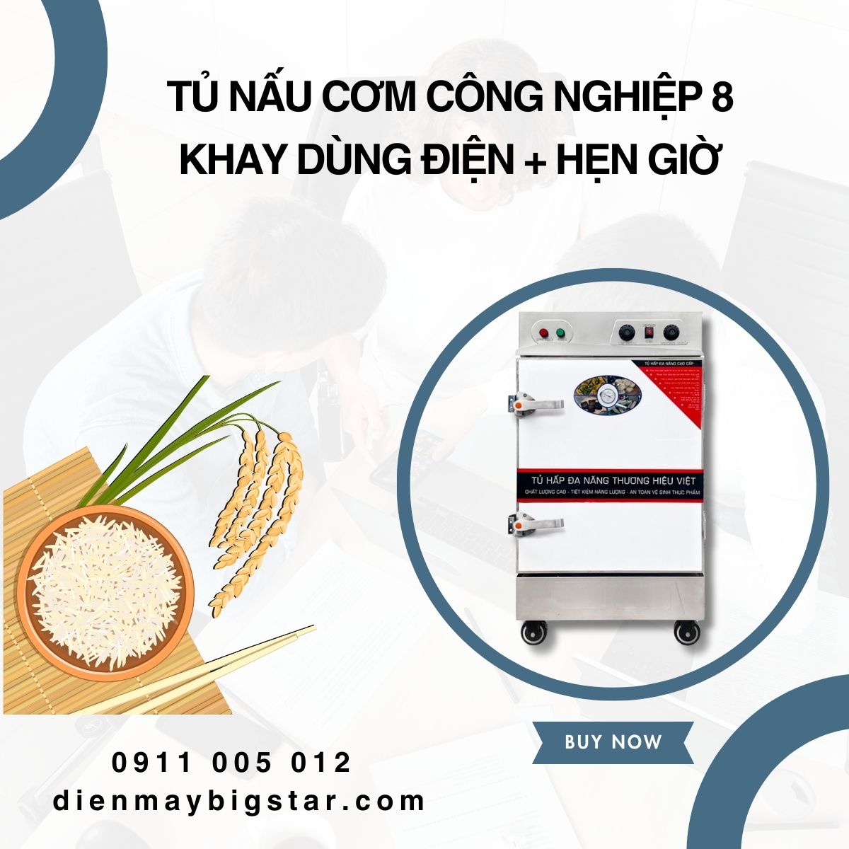 Tủ nấu cơm công nghiệp 8 khay dùng điện + hẹn giờ