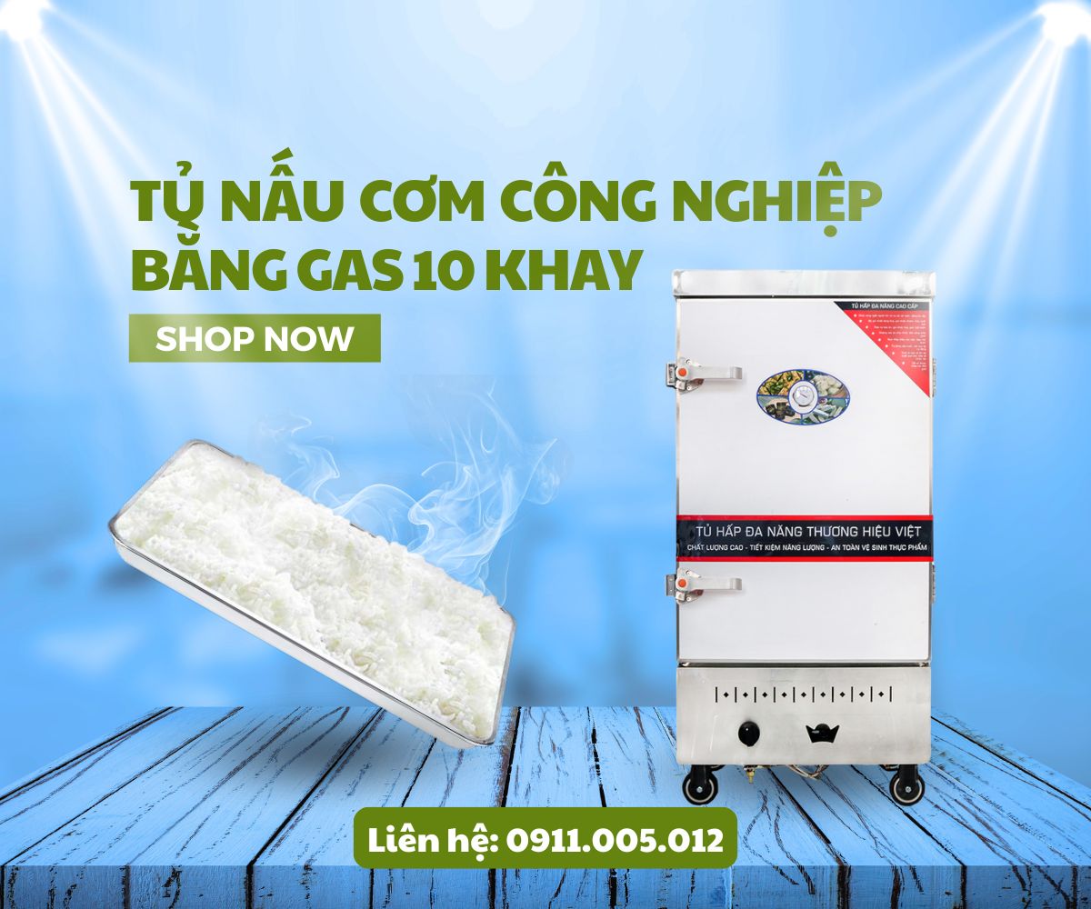 tủ nấu cơm công nghiệp bằng gas 10 khay