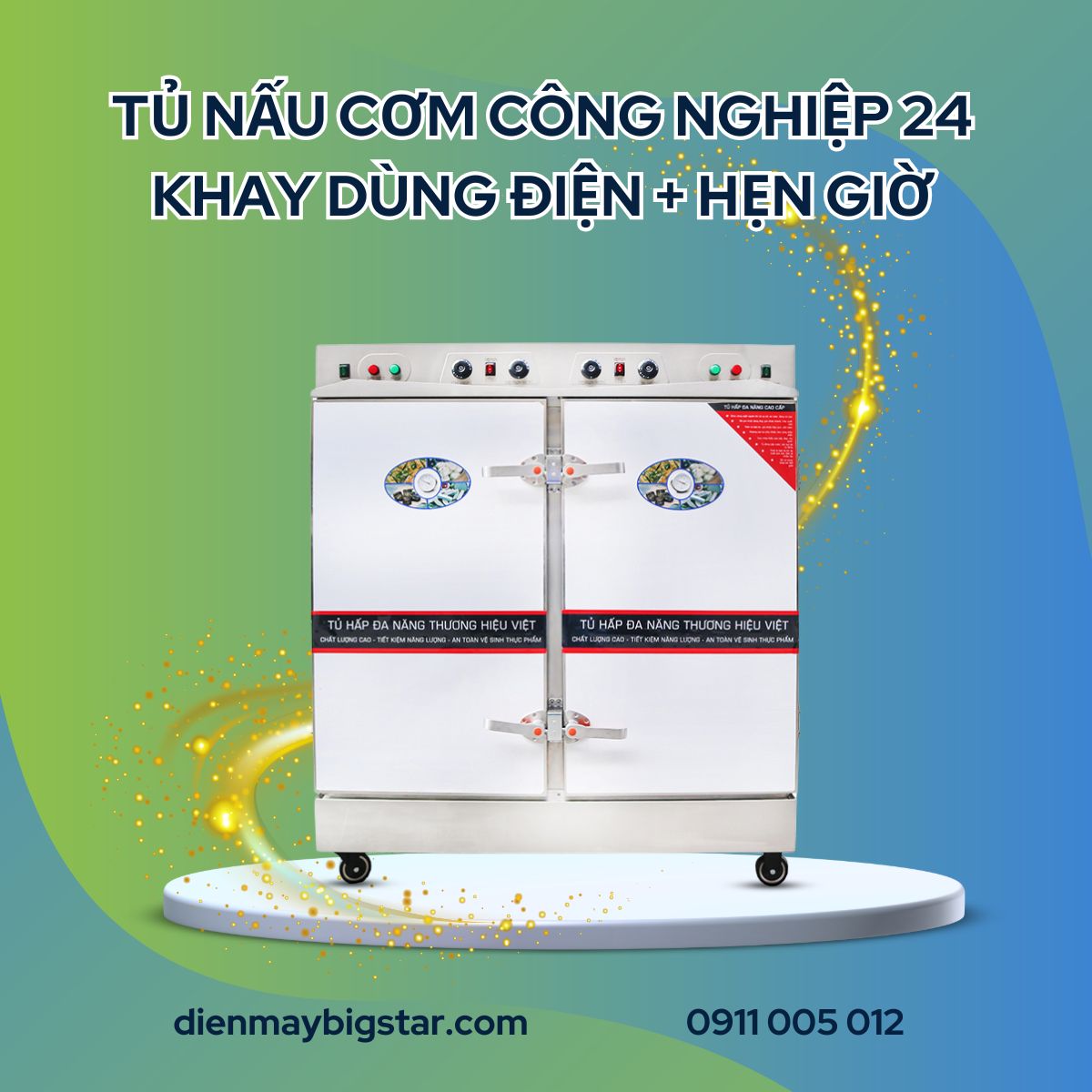 Tủ nấu cơm công nghiệp 24 khay dùng điện + hẹn giờ